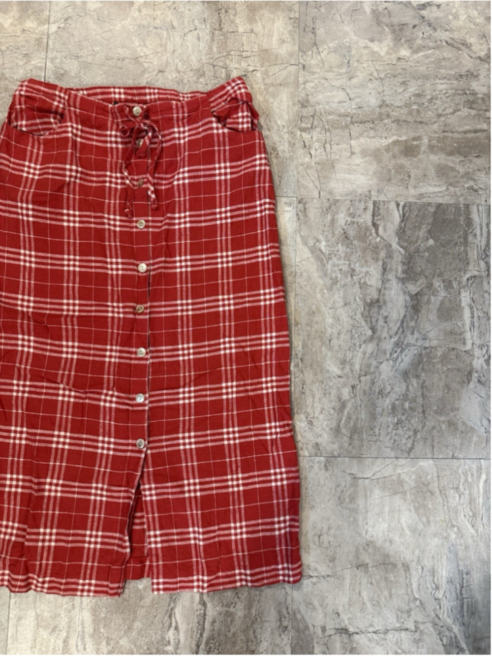 VTG Orvis Womens 90s Red And White Plaid Linen Blend Tie/ Button Midi Skirt USA